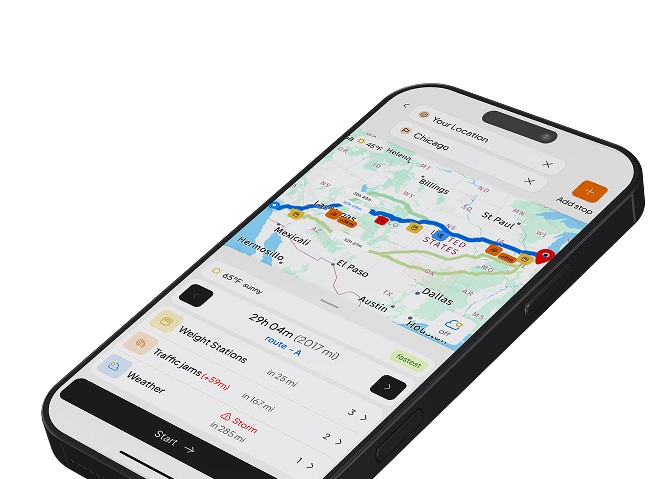 Truck driver GPS app showing hazards, tolls, and weather — top truck GPS navigation system for safe and efficient routing.