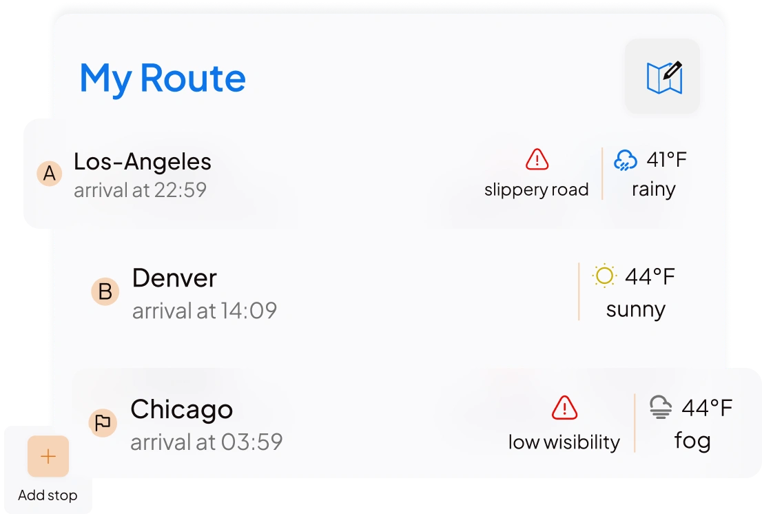 Trucking route planner app with weather updates and hazards — reliable truck GPS navigation for commercial truck drivers.